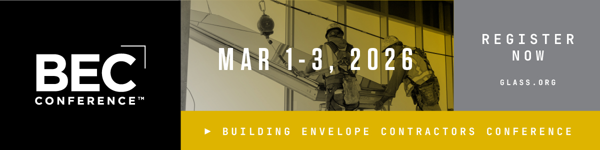White BEC Conference logo on the left with a black background. In the middle is a yellow and grey shaded picture of glazing contractors with the text " Mar 1-3, 2026" in front. On the right is white "Register Now Glass.org" text over a grey background. Below the imagine and grey box is "Building Envelope Contractors Conference" in white over a yellow background.